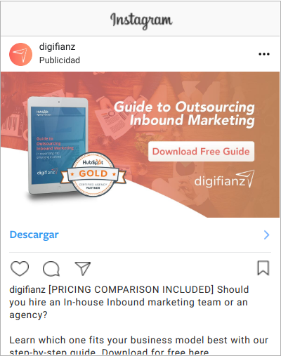 ejemplo de anuncio en el feed de instagram para descargar oferta de contenido 