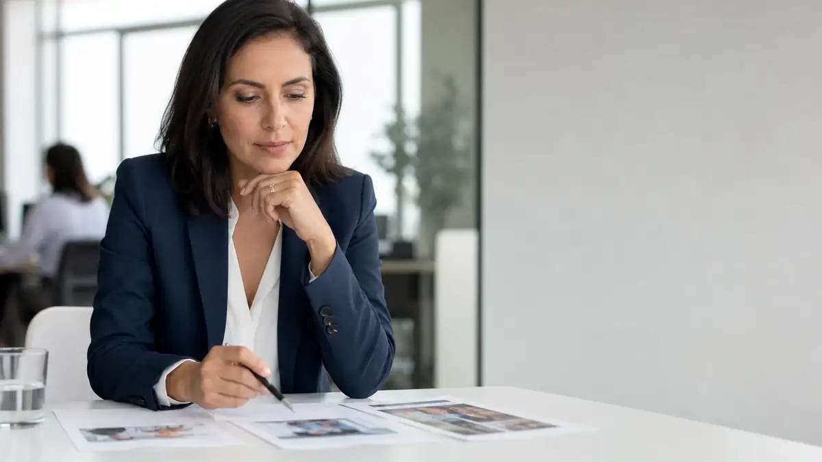 Directora de marketing comparando propuestas de agencias de inbound marketing sobre una mesa de reunión