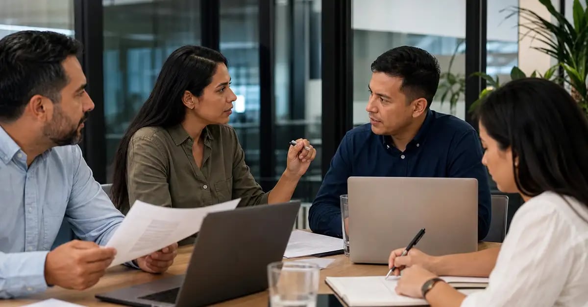 Equipo interfuncional latinoamericano trabajando en una sala de reuniones, revisando documentos impresos y tomando notas