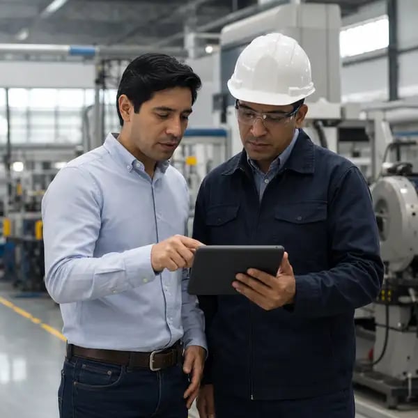 Consultor de HubSpot y responsable de planta revisando una implementación en una industria de manufactura