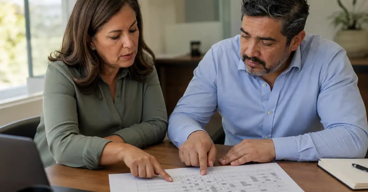 Un responsable del cliente y un consultor externo revisando juntos una matriz de responsabilidades impresa