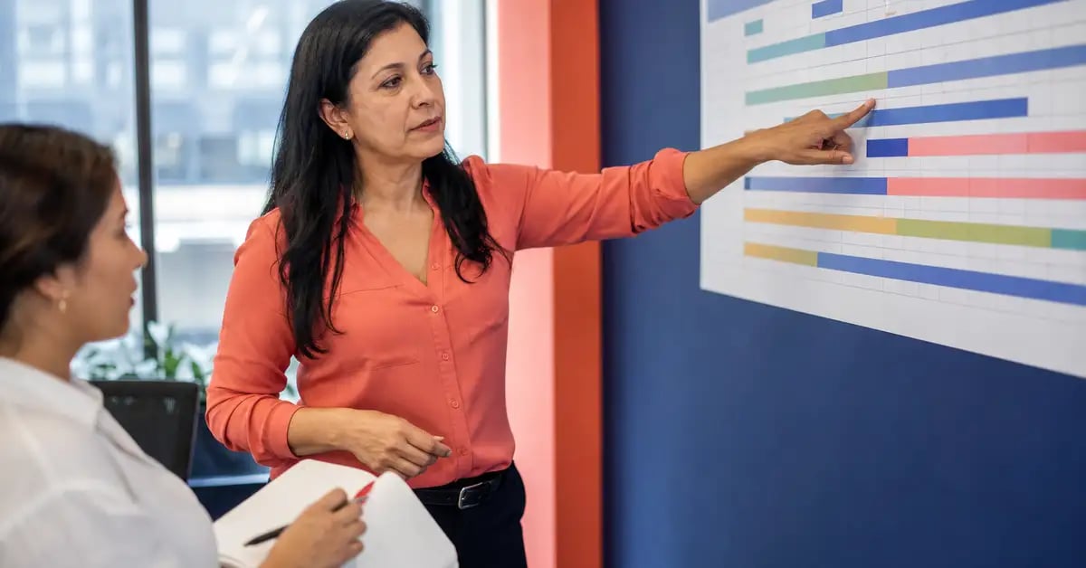 Jefa de proyecto latinoamericana señalando un cronograma mural de barras de colores mientras un colega toma notas