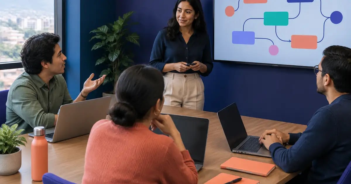 Sesión de capacitación de un equipo latinoamericano frente a una pantalla con bloques de flujo de trabajo conectados