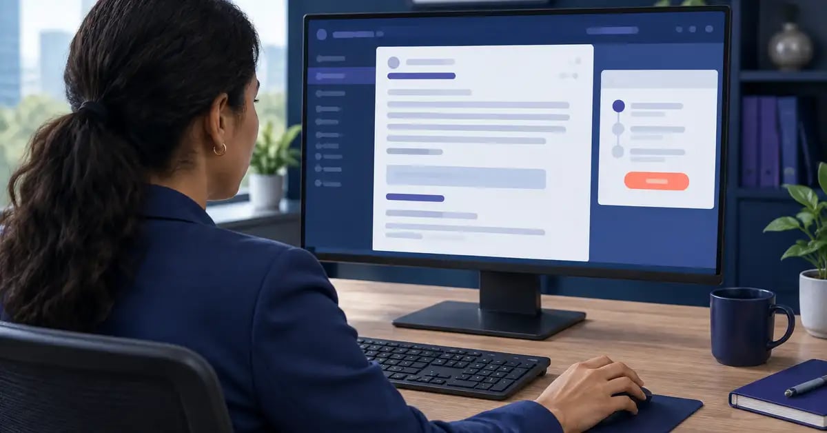 Representante de ventas revisando en su monitor el borrador de un correo antes de aprobar el envío