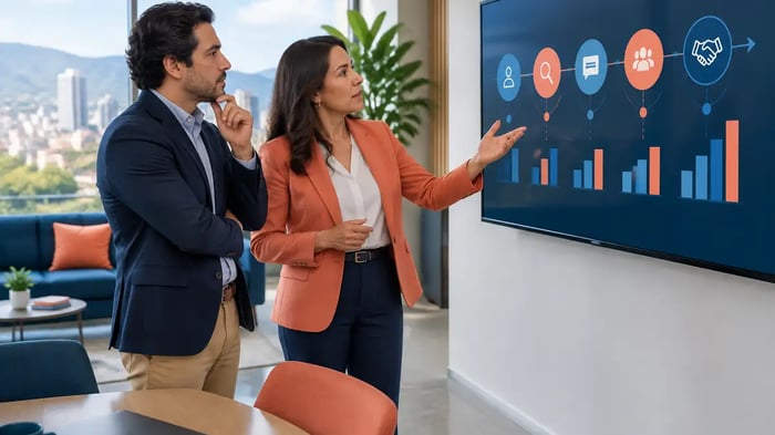 Responsable de marketing y directora comercial revisan en una pantalla el recorrido del cliente desde la primera interacción hasta el negocio cerrado