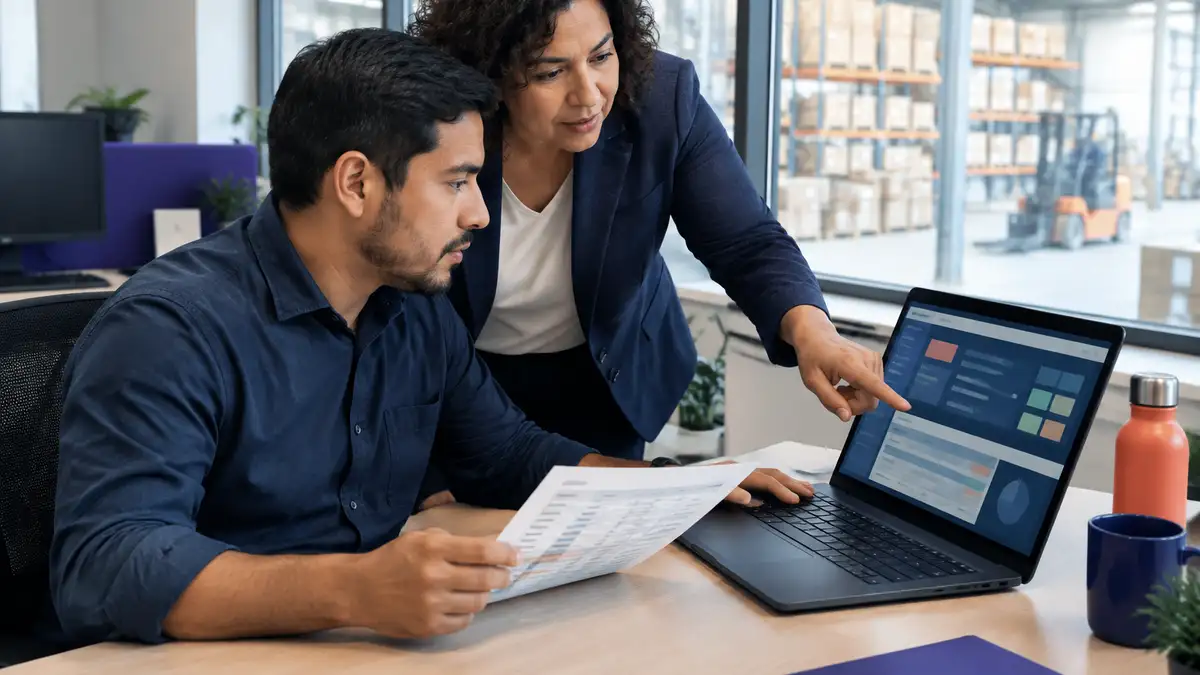Analista de operaciones comerciales y responsable de finanzas revisan en una laptop los datos de un pedido de cliente en una empresa distribuidora