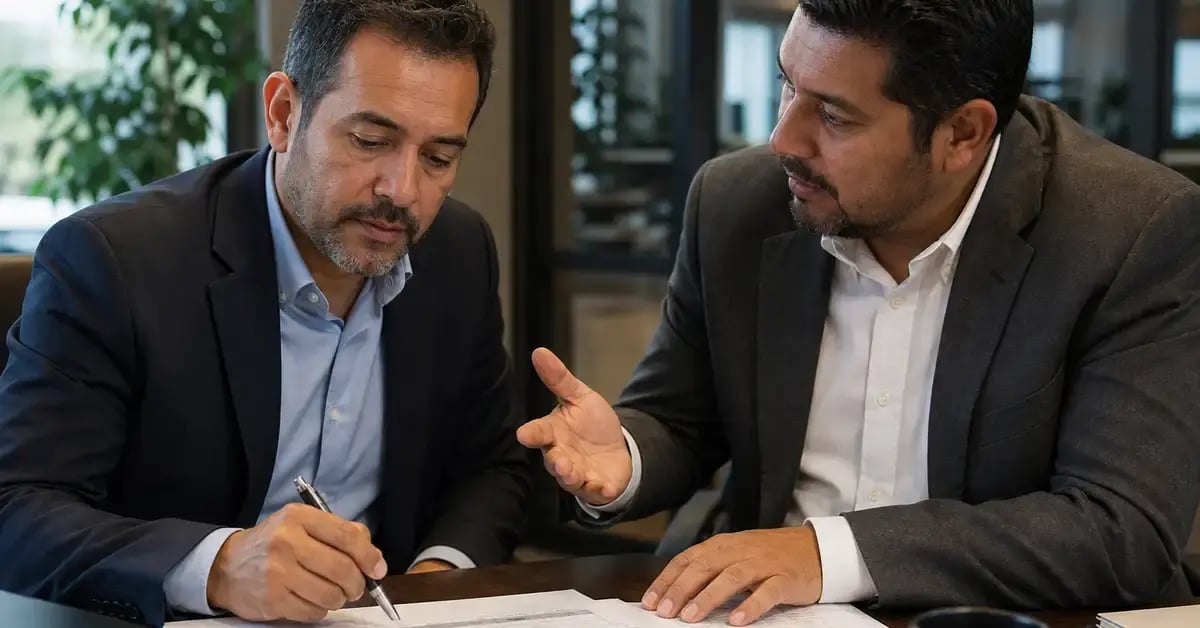 Dos responsables comerciales latinoamericanos revisando juntos un informe impreso durante una sesión de trabajo