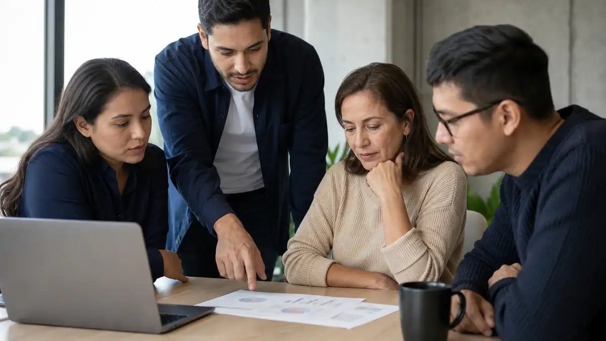Equipo de marketing latinoamericano revisando en conjunto un informe de posicionamiento orgánico durante una reunión semanal