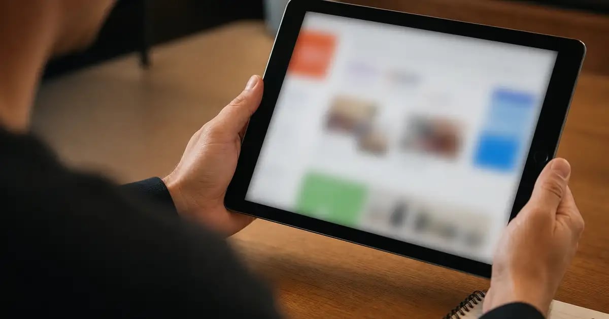 Manos sosteniendo una tableta para verificar la información de un proveedor, con un cuaderno y un bolígrafo sobre el escritorio
