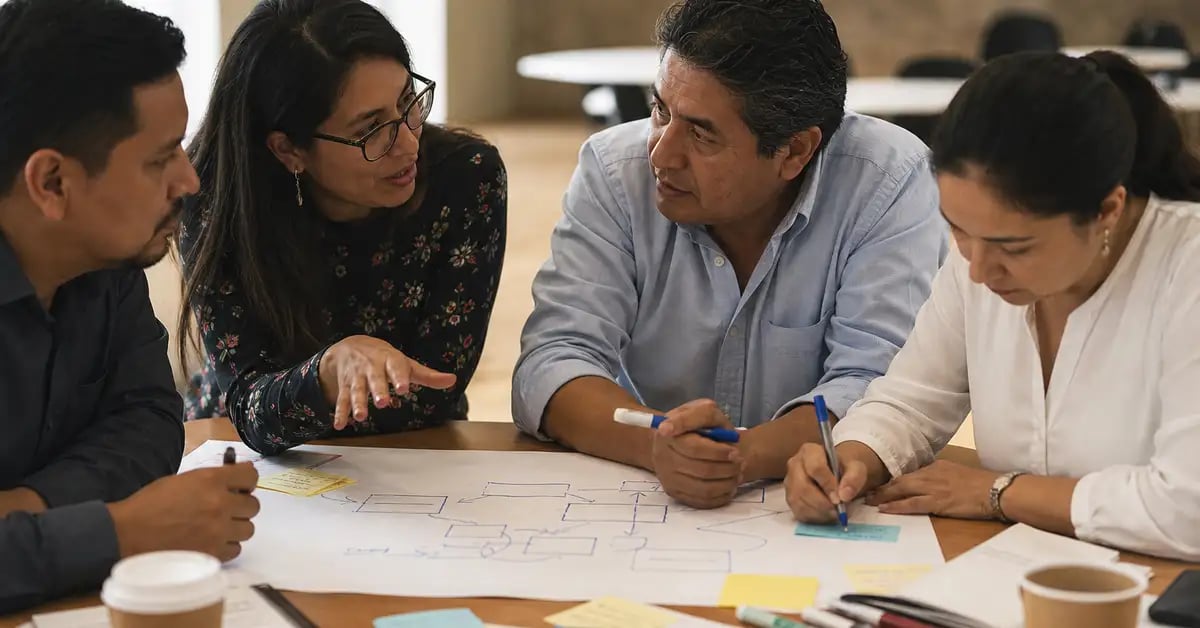 Cuatro profesionales latinoamericanos trabajando sobre un papel con diagramas y notas adhesivas durante un taller práctico