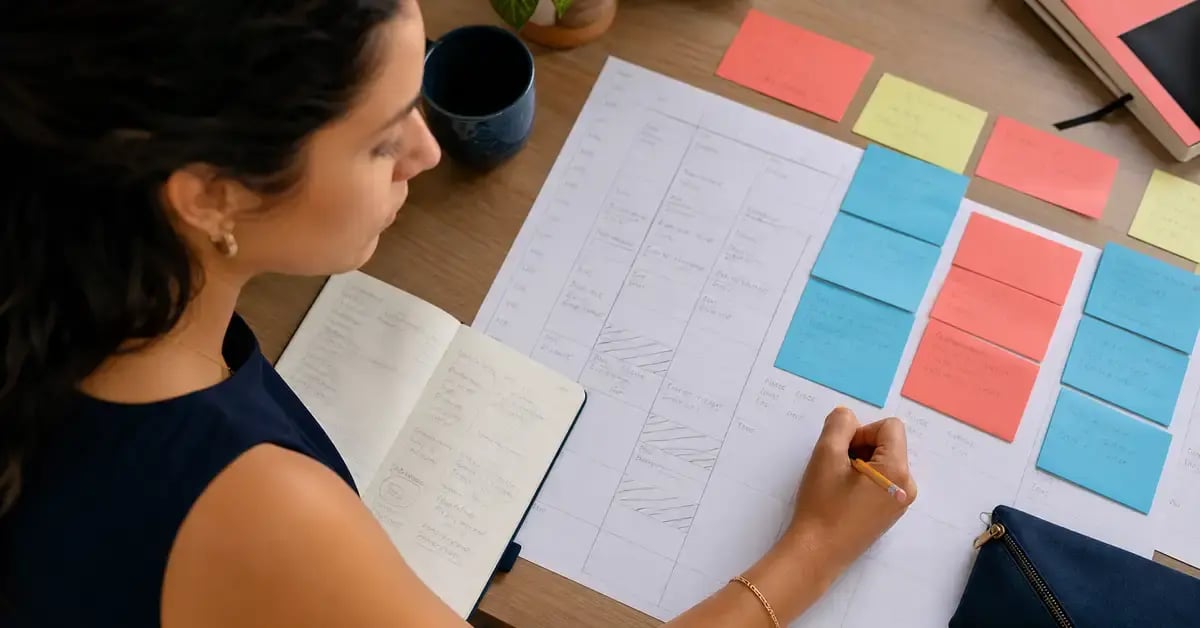 Mujer latinoamericana planificando la agenda de un taller sobre una cuadrícula de horarios impresa con notas adhesivas de colores