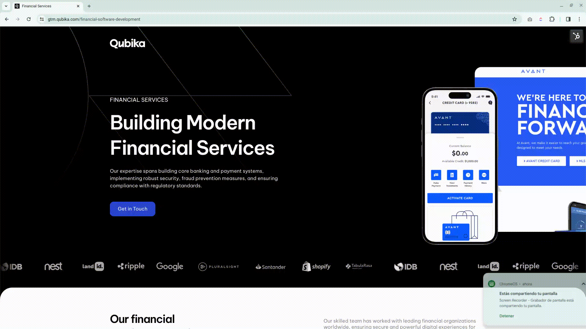 Página de destino de servicios financieros para Qubika