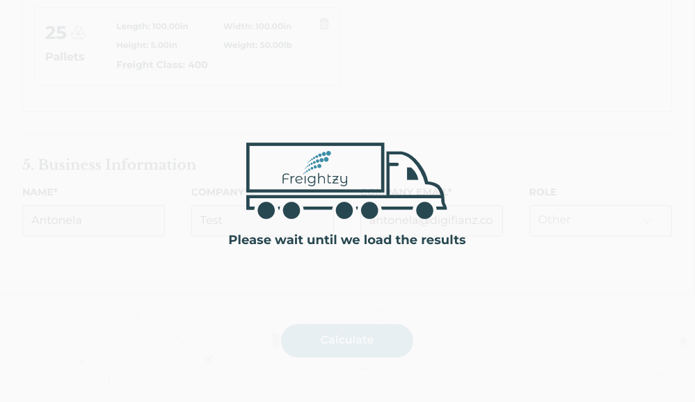 Loading screen shown while the Freightzy calculator processes a freight quote