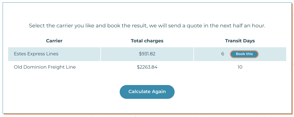 Results screen of the Freightzy freight calculator showing the returned quote