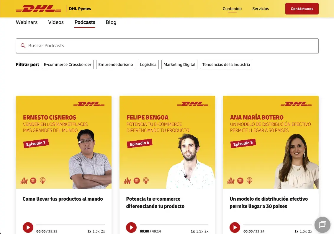 Página de la biblioteca de contenidos de DHL Pymes con pestañas de webinars, videos, podcasts y blog, y tarjetas de episodios