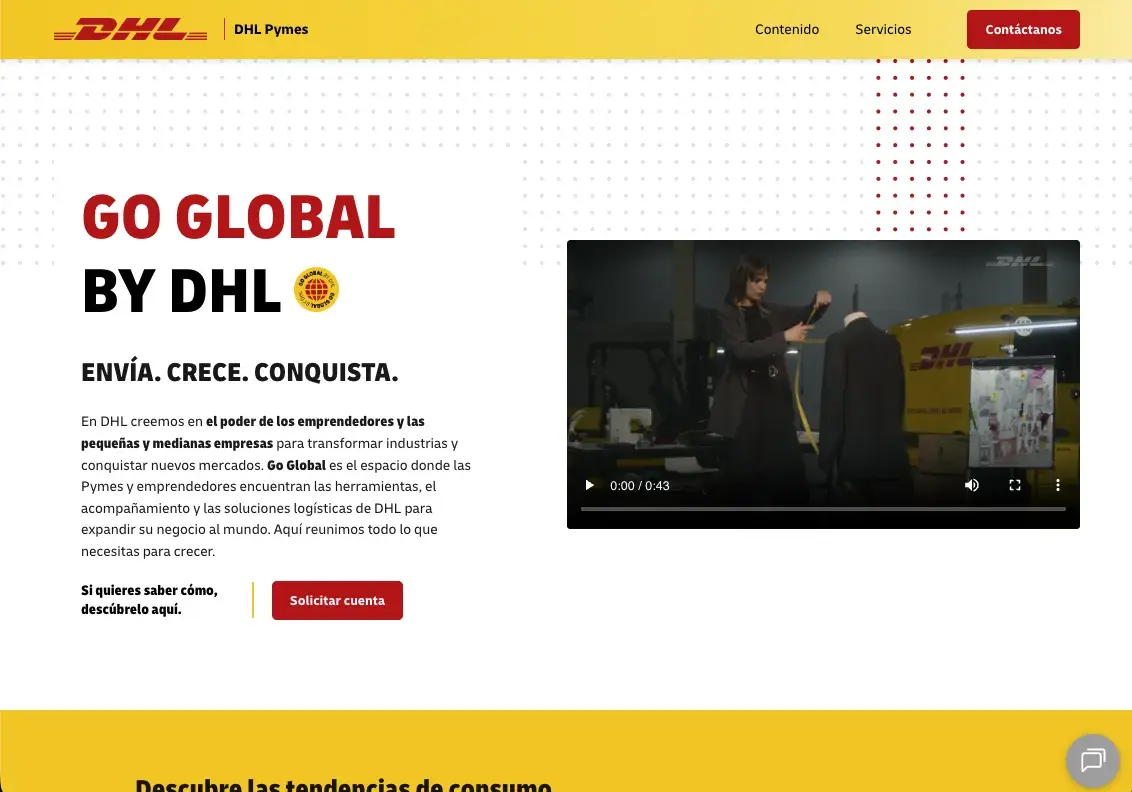 Landing page Go Global by DHL de DHL Pymes, con video embebido y el llamado a la acción Solicitar cuenta, construida en HubSpot CMS