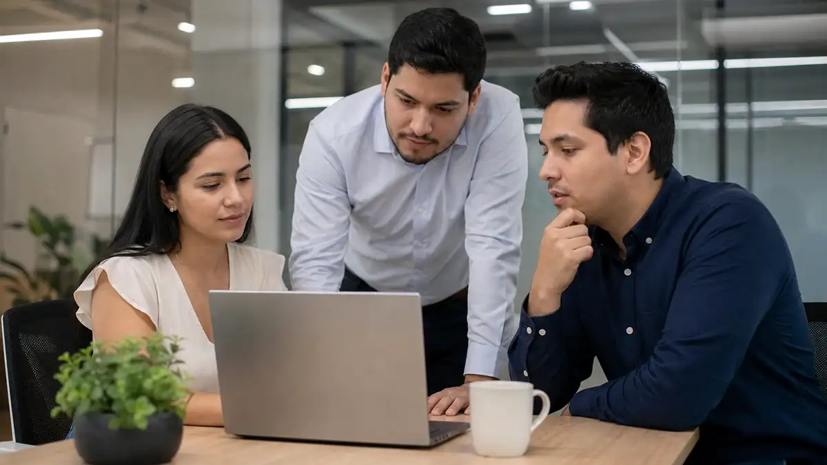 Equipo de negocios latinoamericano revisando el presupuesto de HubSpot alrededor de una laptop