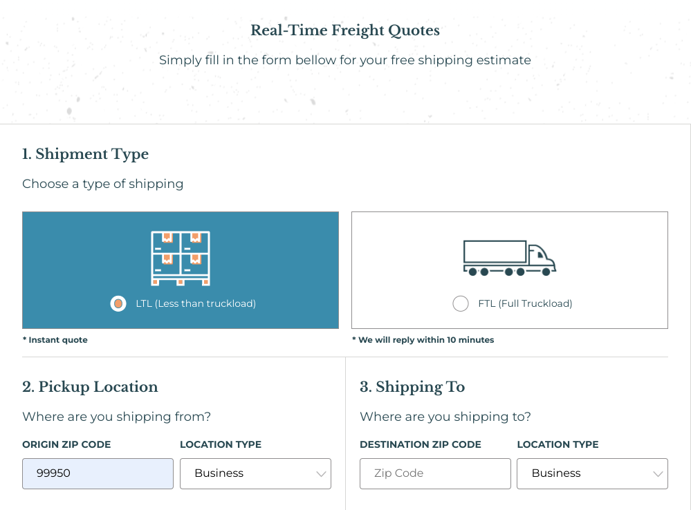 Data entry screen of one of the Freightzy calculators built in HubSpot CMS
