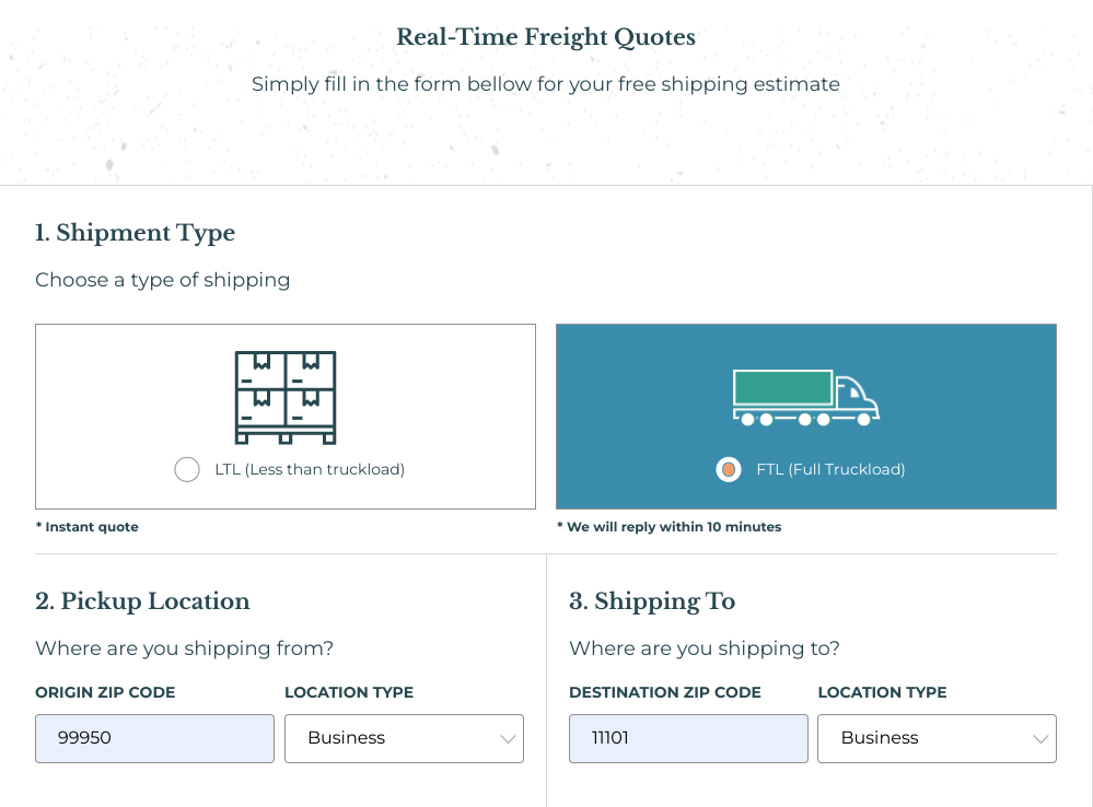 Second data entry screen of the Freightzy shipping calculator in HubSpot CMS